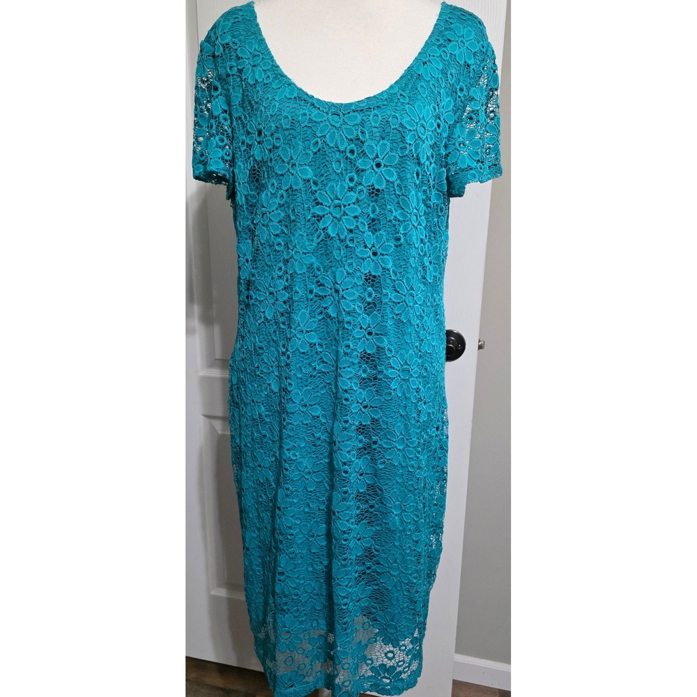 Tiana B Womens Teal Floral Lace Sheath Dress Size 16 Short Sleeve Lined Elegant!